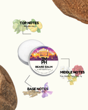 Beard balm container with notes on top, middle, and base notes on a white background