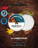 Beard balm packaging with branding and product details on a wooden background