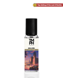 Perfume bottle with a cityscape label on a white background
