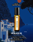 Roll-on bottle of PR Black XS perfume with Mediterranean scenery